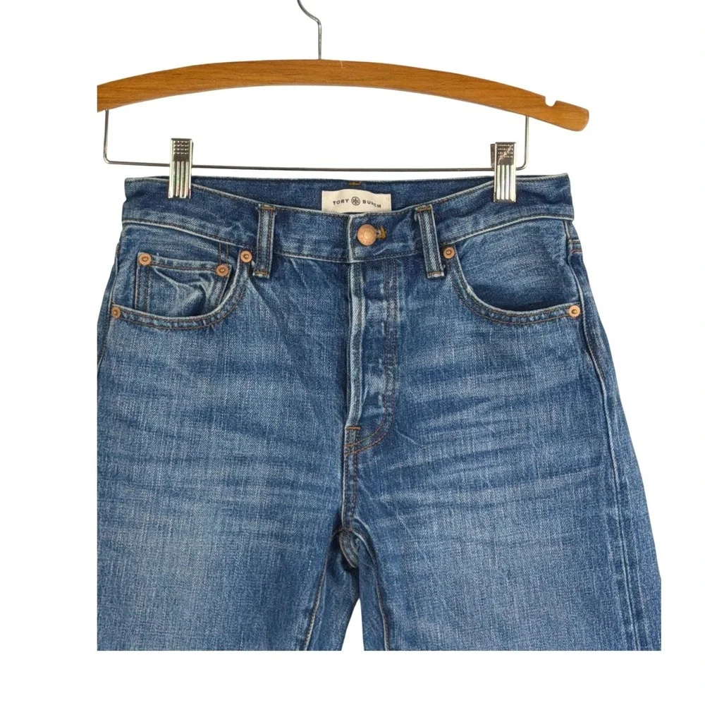 Tory Burch Button Fly Straight Leg Jeans Blue Wash Women's Size 25